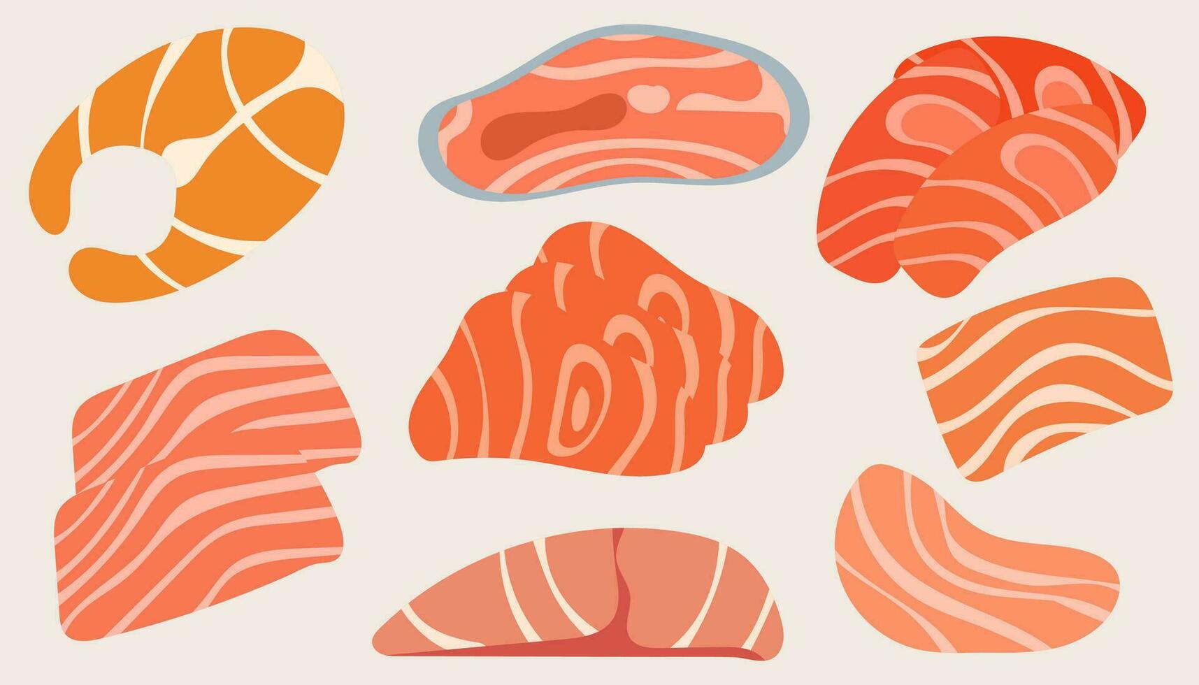 Collection icon thick slices of raw salmon of fresh sashimi or trout sashimi. set of salmon. vector