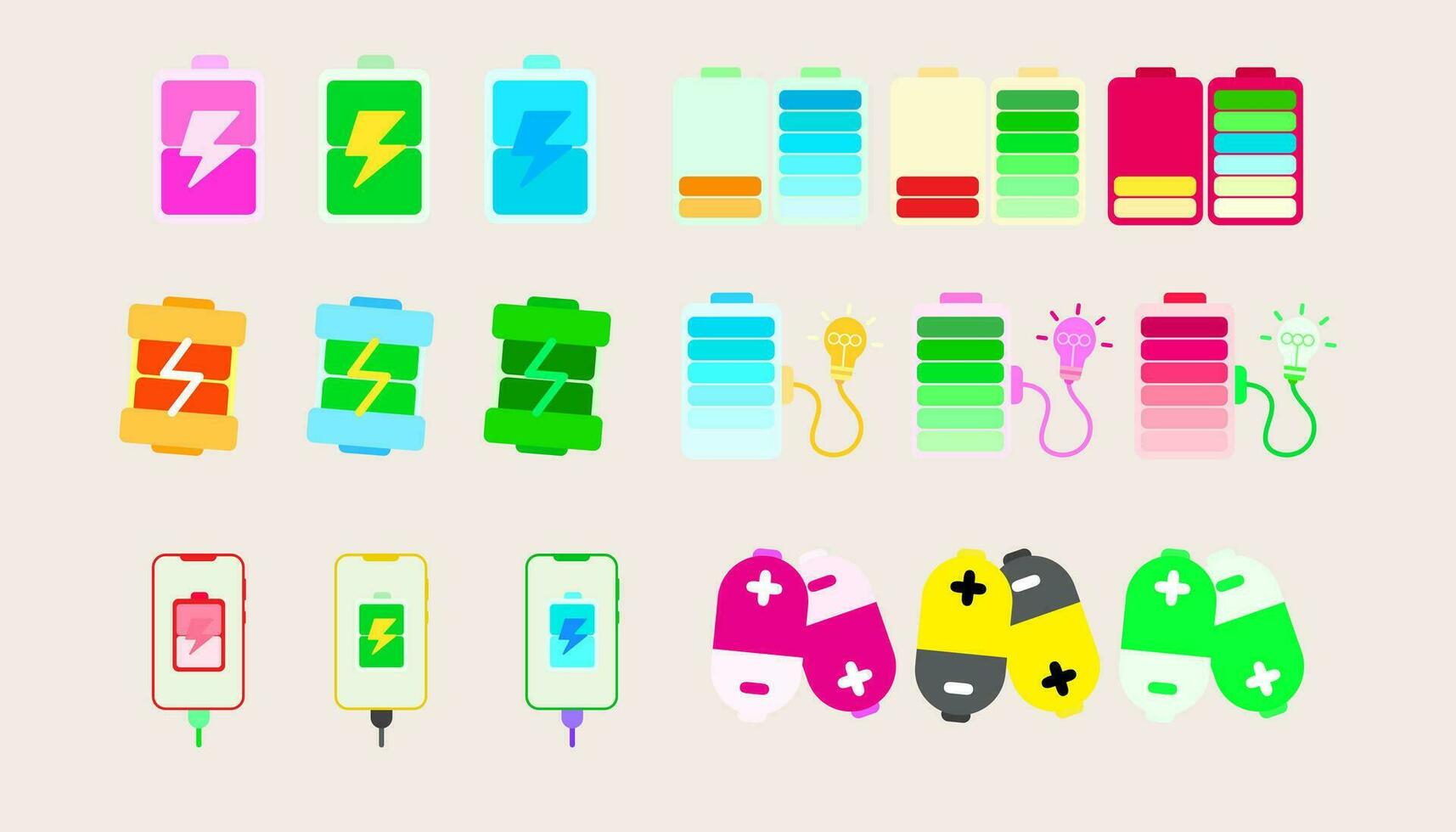 Collection illustration Battery power and charging minimal style icon .Set Battery charge level display. vector