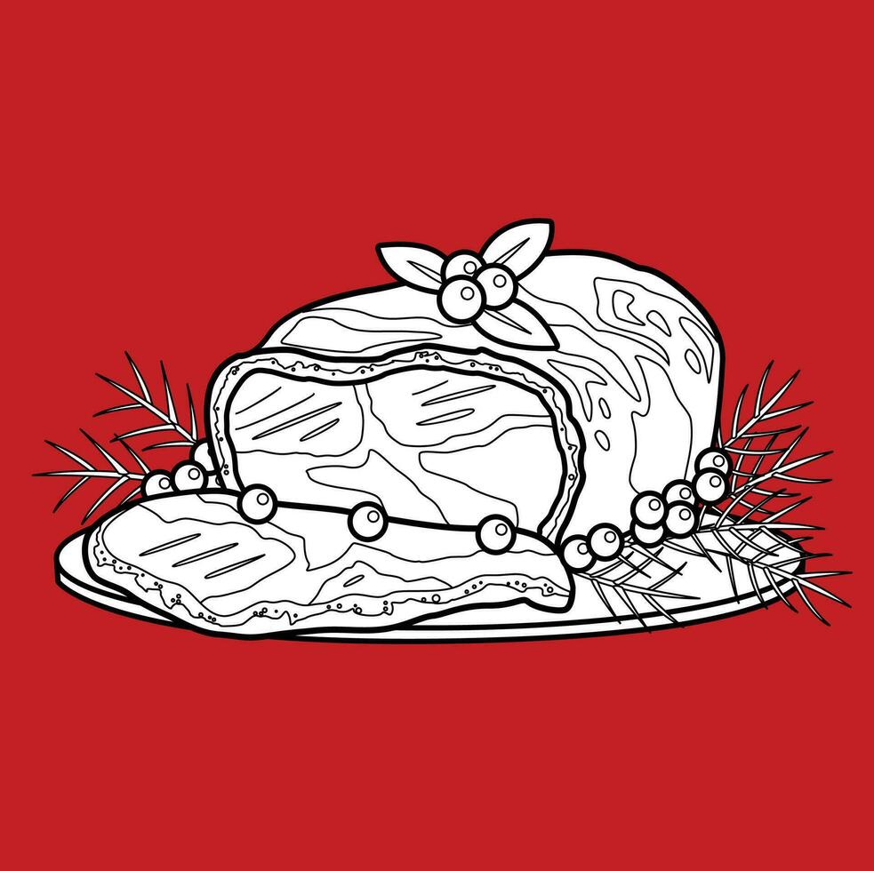 Christmas Feast Menu Dinner Steak Meal Cartoon Digital Stamp Outline vector