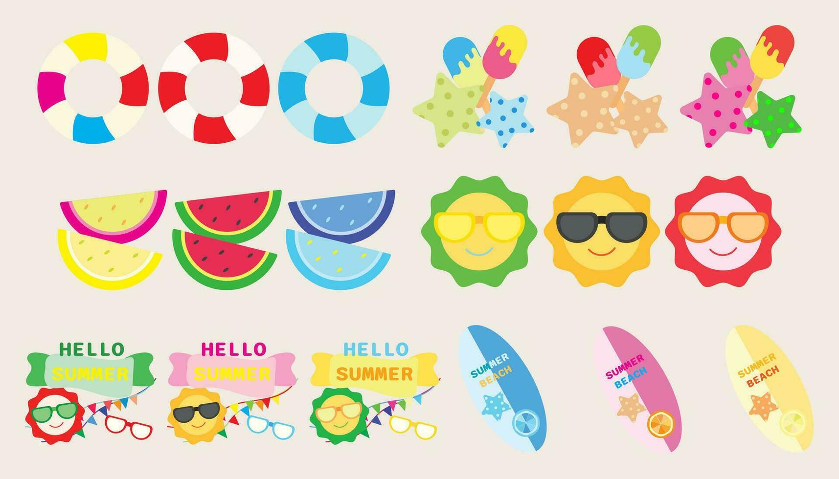 colección icono verano estrella de mar, nadando anillo, Coco, hielo crema, tabla de surf. conjunto de verano. vector