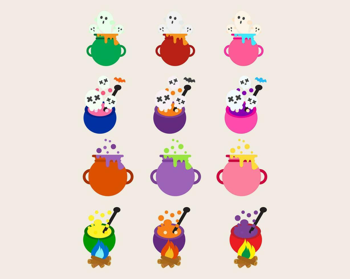 Collection Witch cauldron with bubbles on halloween.set of cauldron halloween. vector