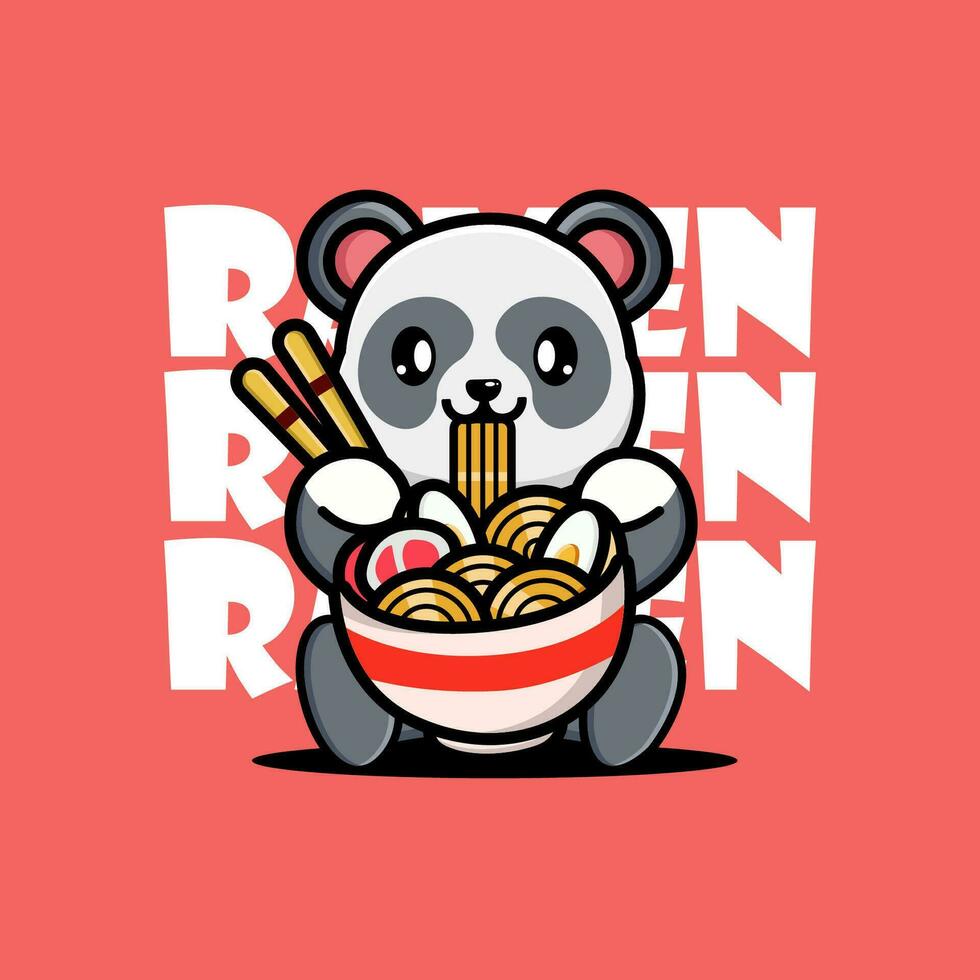 linda bebé panda comiendo ramen tallarines vector