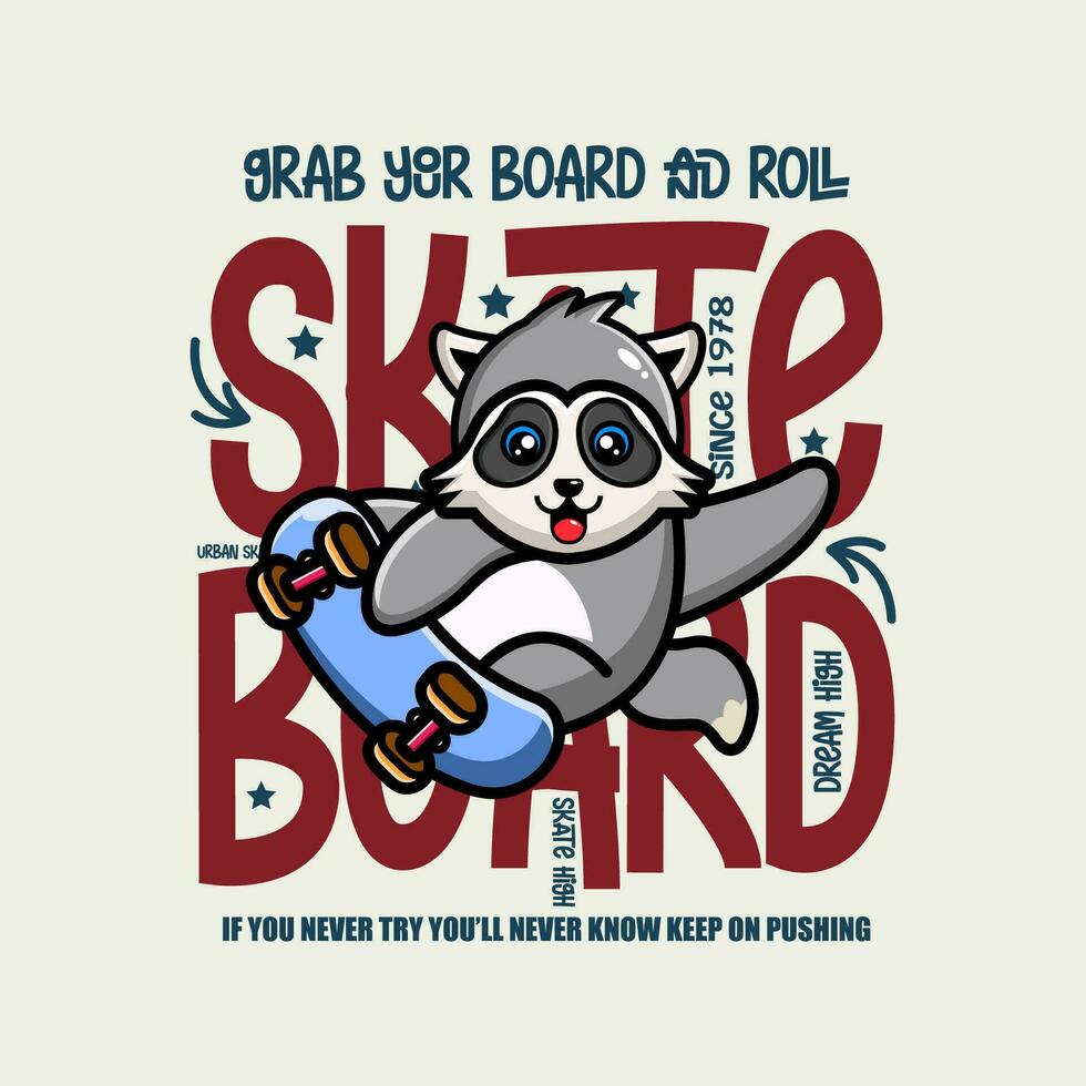Cute raccoon skateboarder cartoon character tshirt design vector