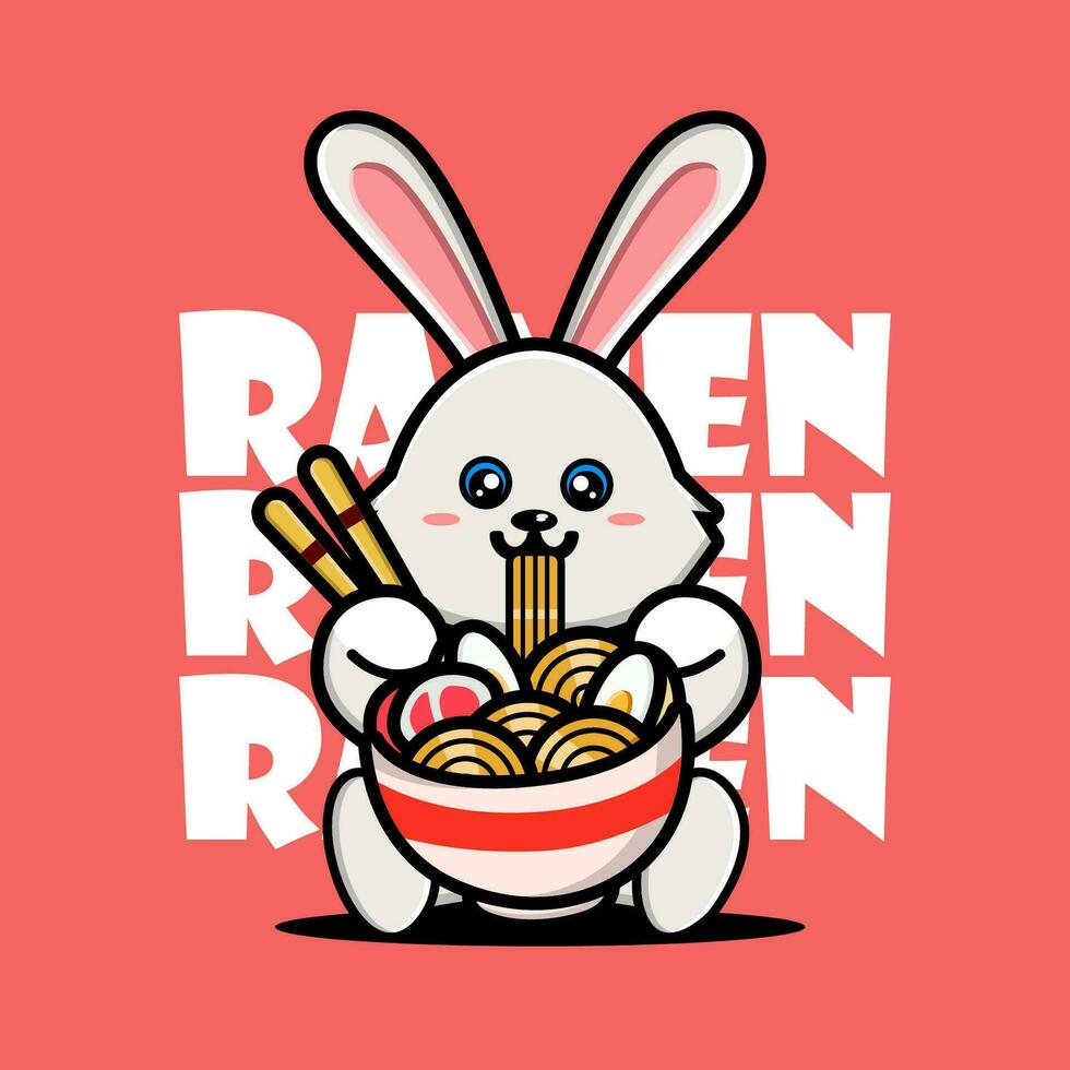 linda bebé Conejo comiendo ramen tallarines vector