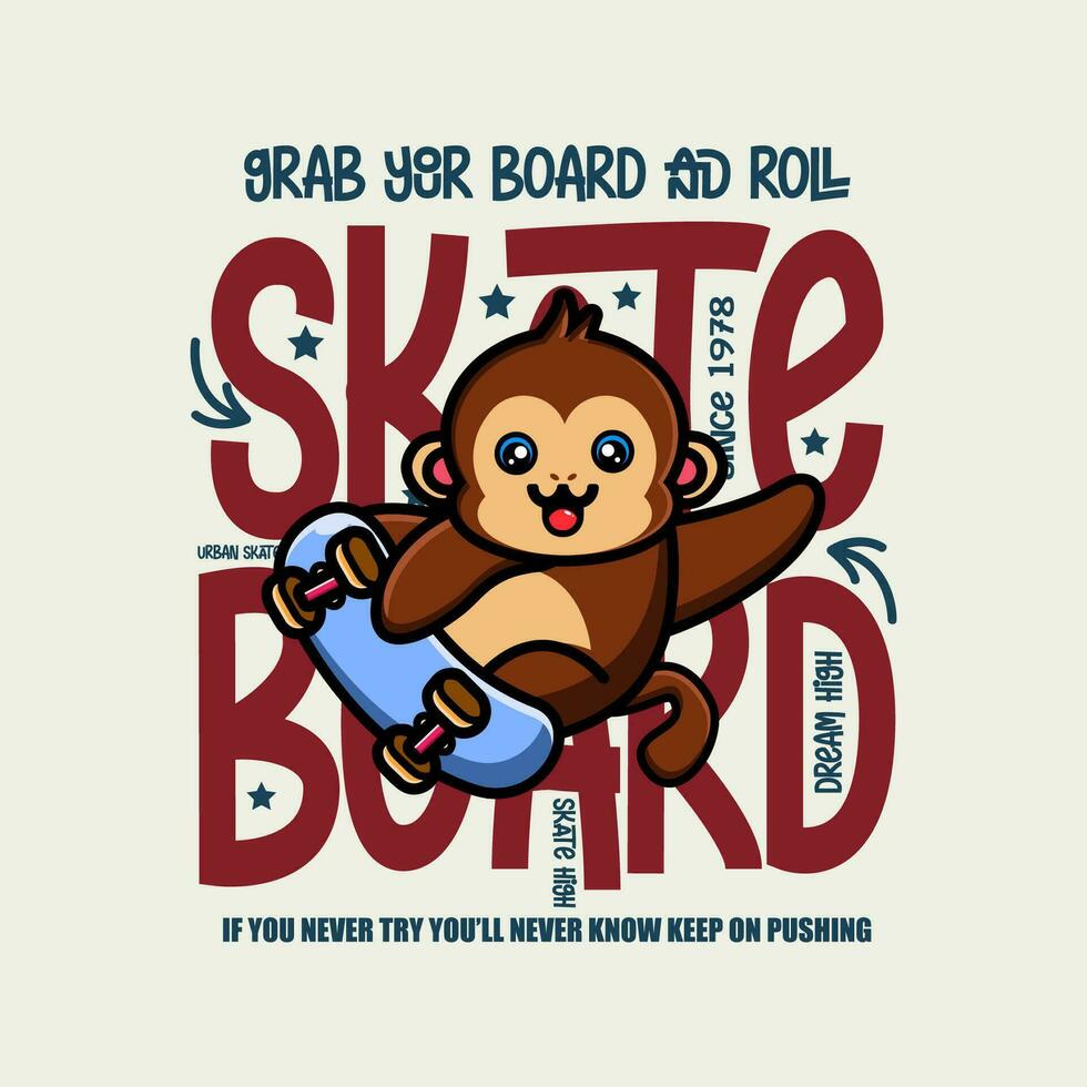 Cute monkey skateboarder cartoon character tshirt design vector