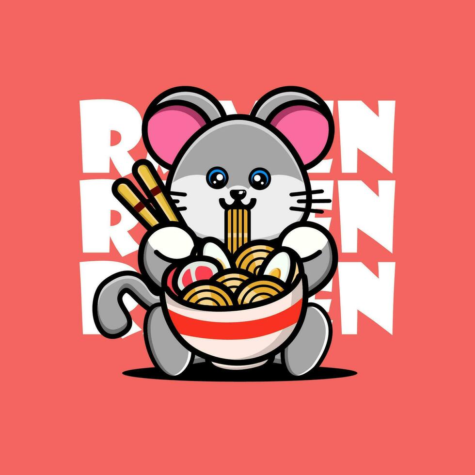 linda bebé ratón comiendo ramen tallarines vector