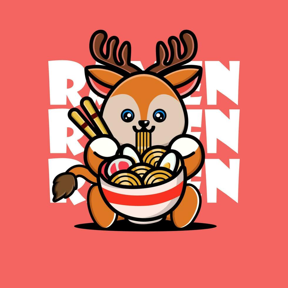 Cute Baby Deer Eating Ramen Noodles vector