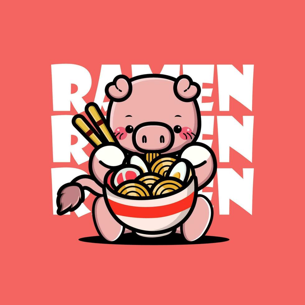 Cute Baby Pig Eating Ramen Noodles vector