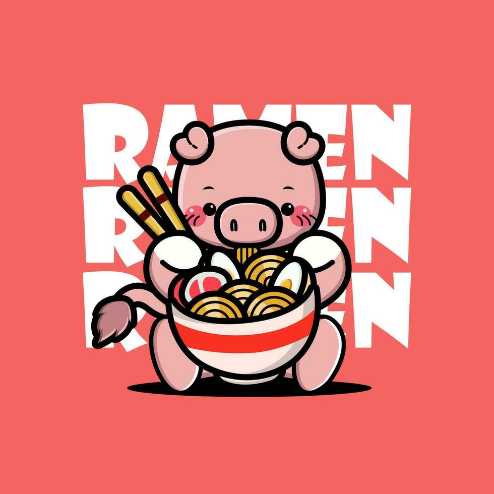 linda bebé cerdo comiendo ramen tallarines vector