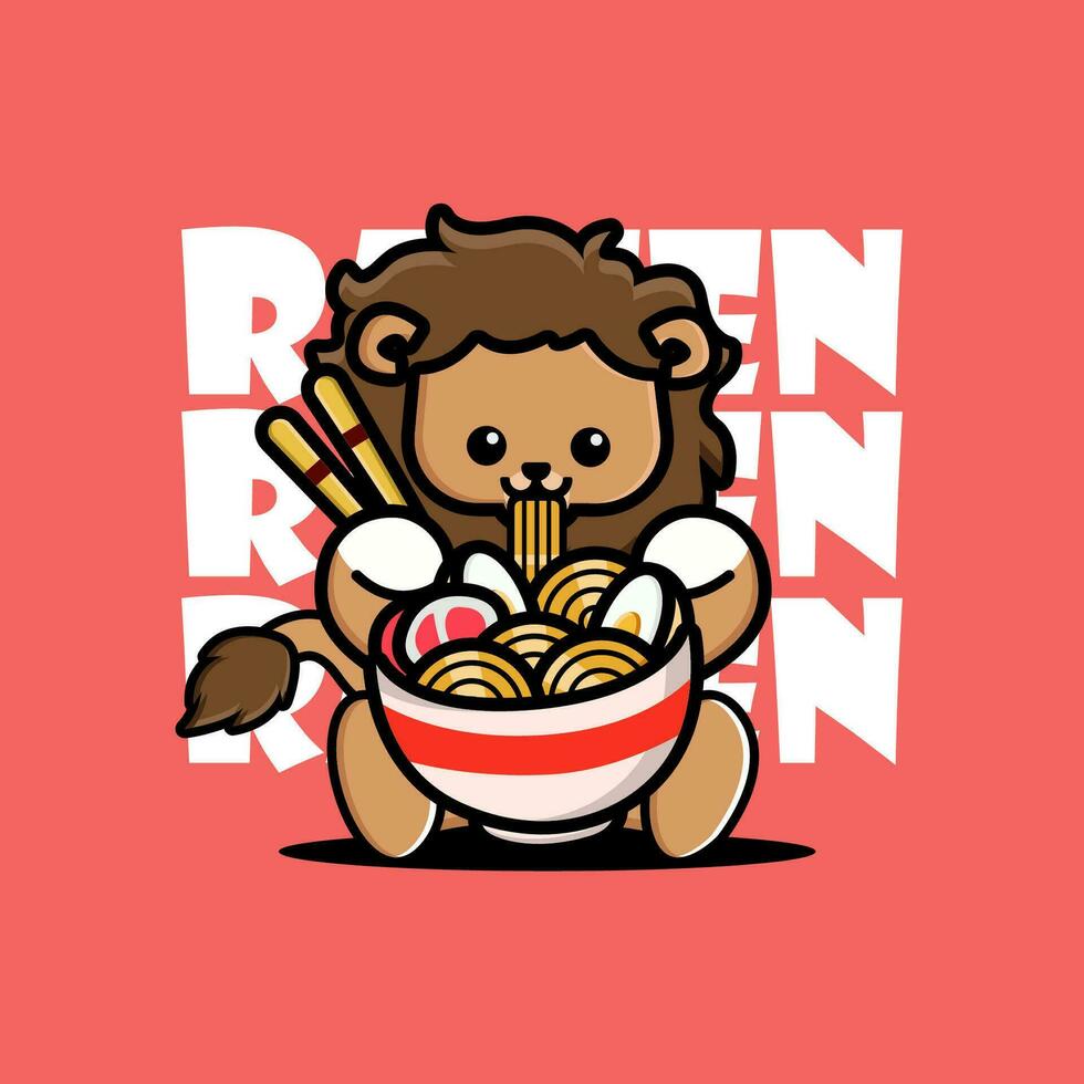 Cute Baby Lion Eating Ramen Noodles vector