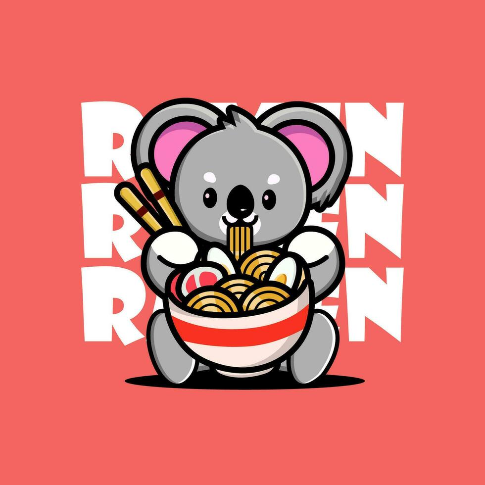 linda bebé coala comiendo ramen tallarines vector