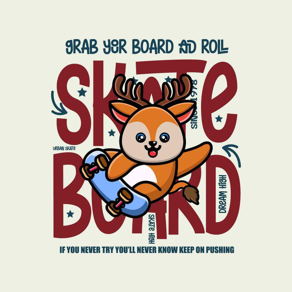 Cute deer skateboarder cartoon character tshirt design vector