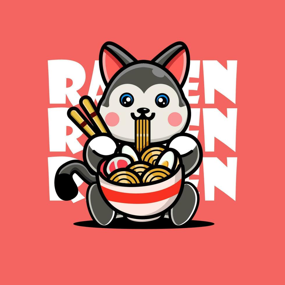Cute Baby Husky Eating Ramen Noodles vector