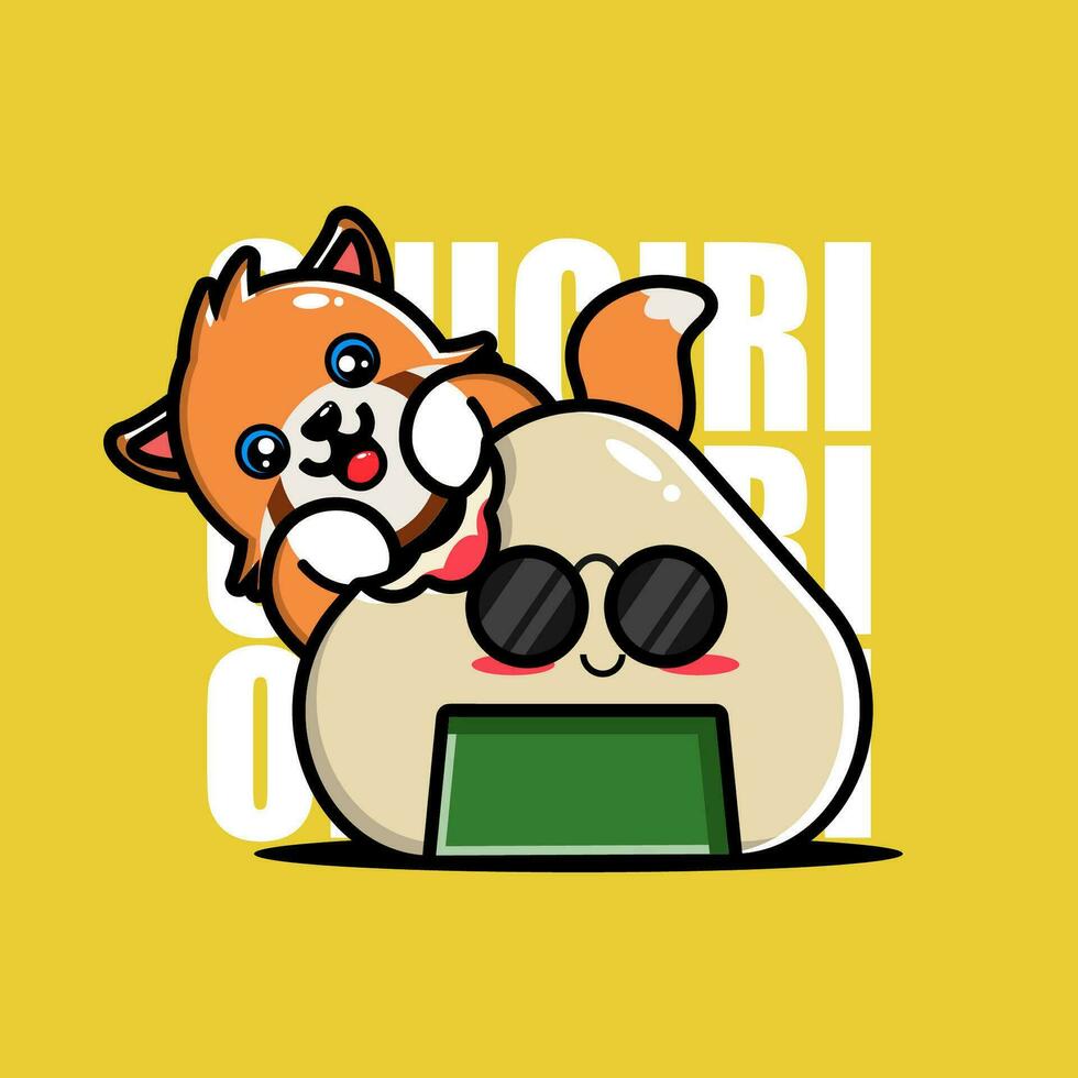 Cute Redpanda Hug Onigiri Kawaii Character vector