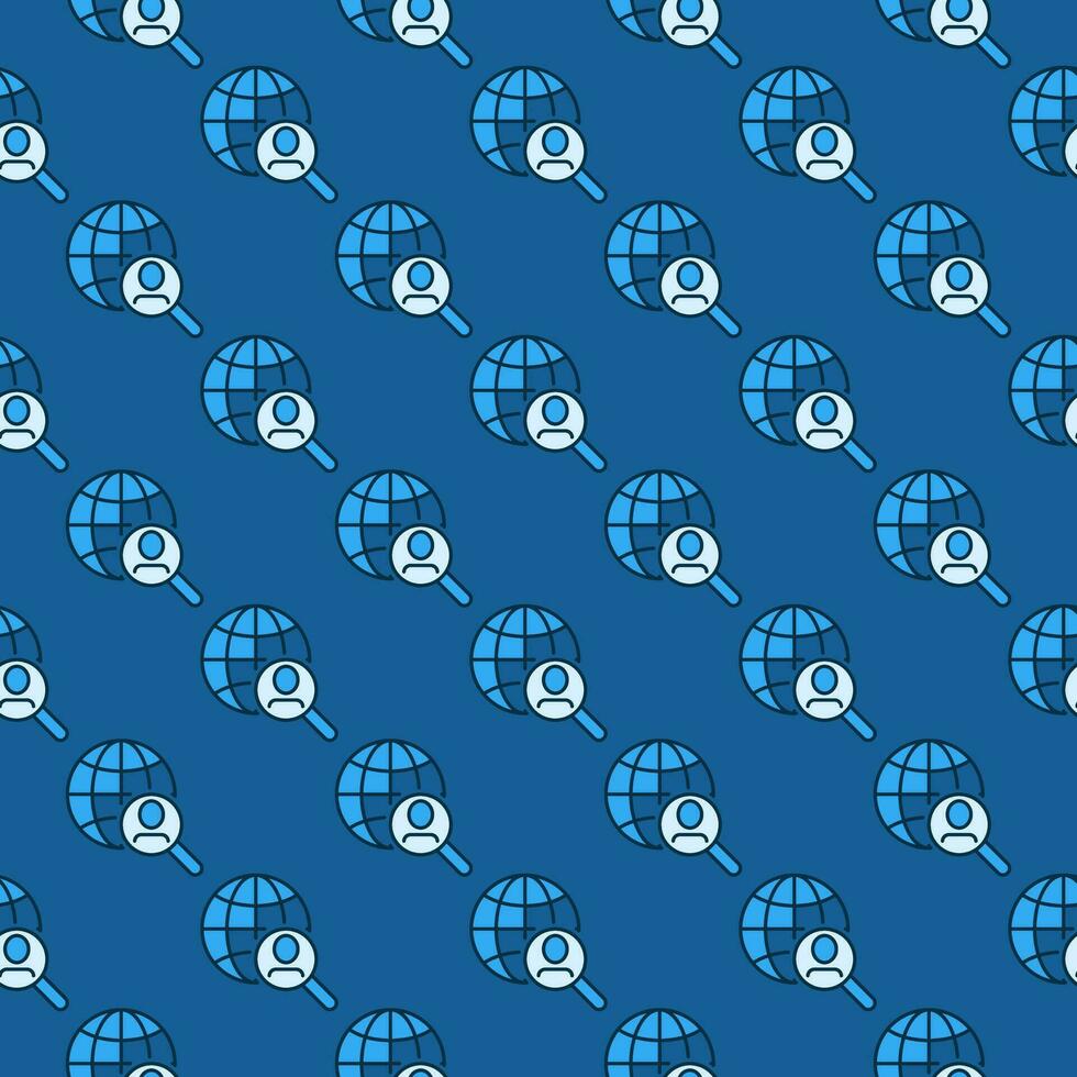 Man in Magnifier with Earth Globe vector People Search concept blue seamless pattern