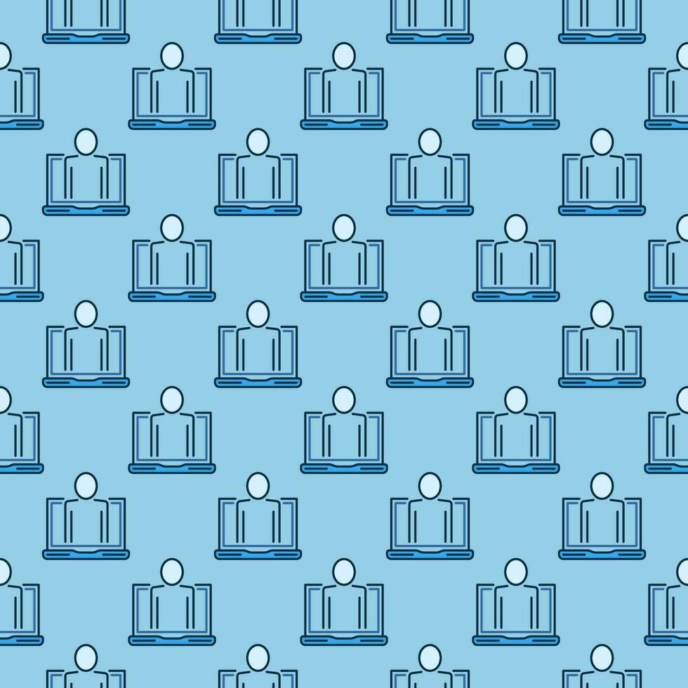 Laptop Computer with Man vector blue seamless pattern