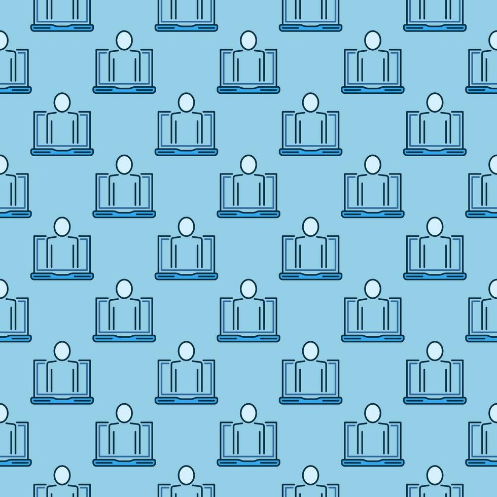 Laptop Computer with Man vector blue seamless pattern