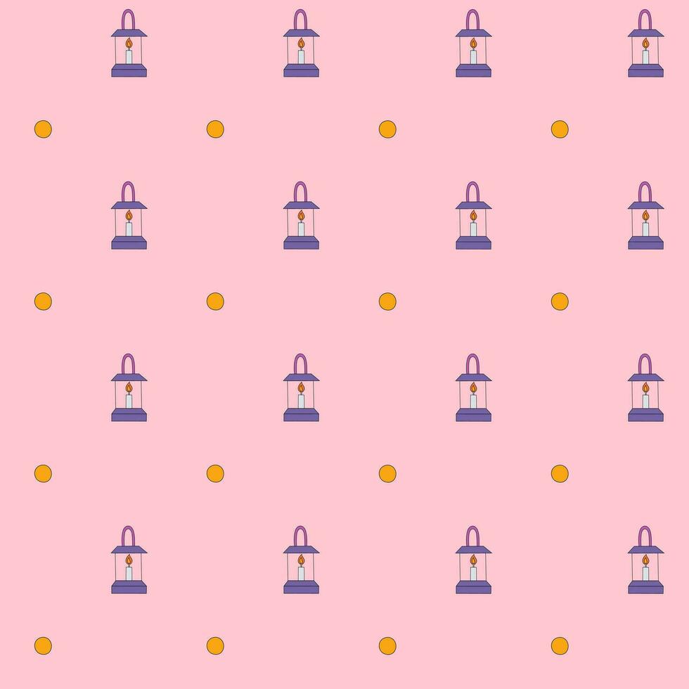 Seamless pattern of a lantern, and moon in purple, and orange on pink background, Vector for fabric, wrapping, wallpaper, textile