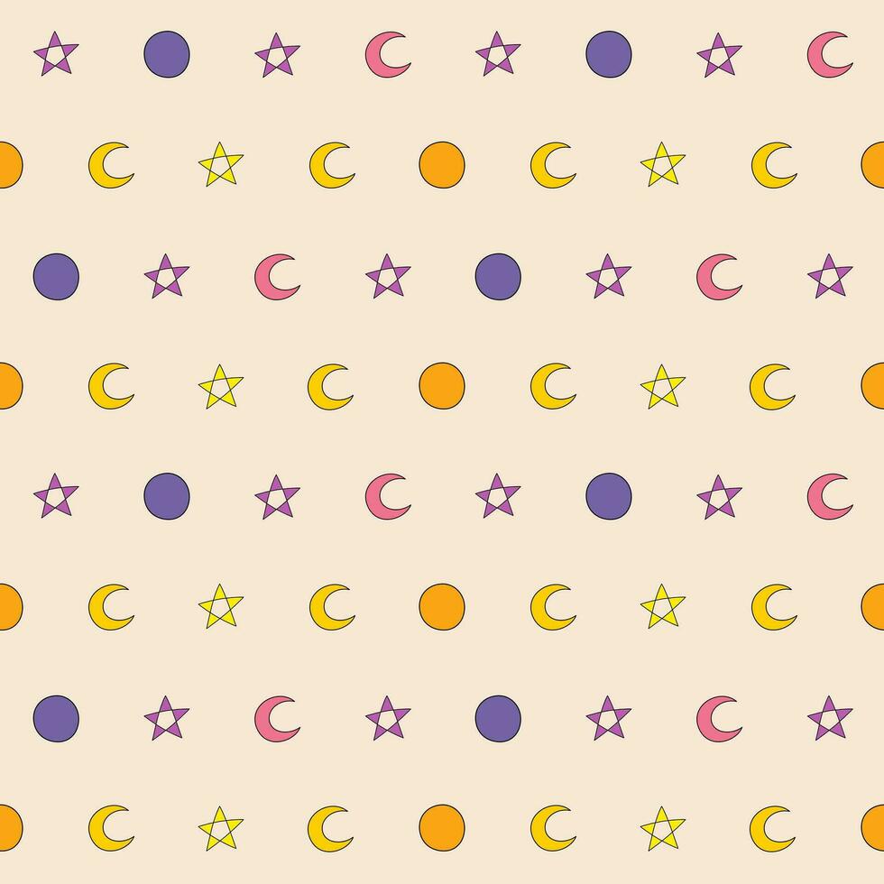Seamless pattern of a star, moon, and crescent in pink, orange, yellow, and purple color on cream background, Vector for fabric, wrapping, wallpaper, textile