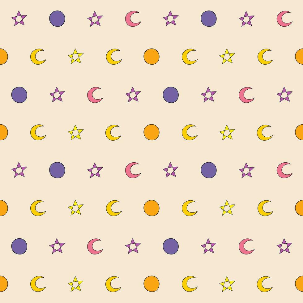 sin costura modelo de un estrella, luna, y creciente en rosa, naranja, amarillo, y púrpura color en crema fondo, vector para tela, envase, fondo de pantalla, textil