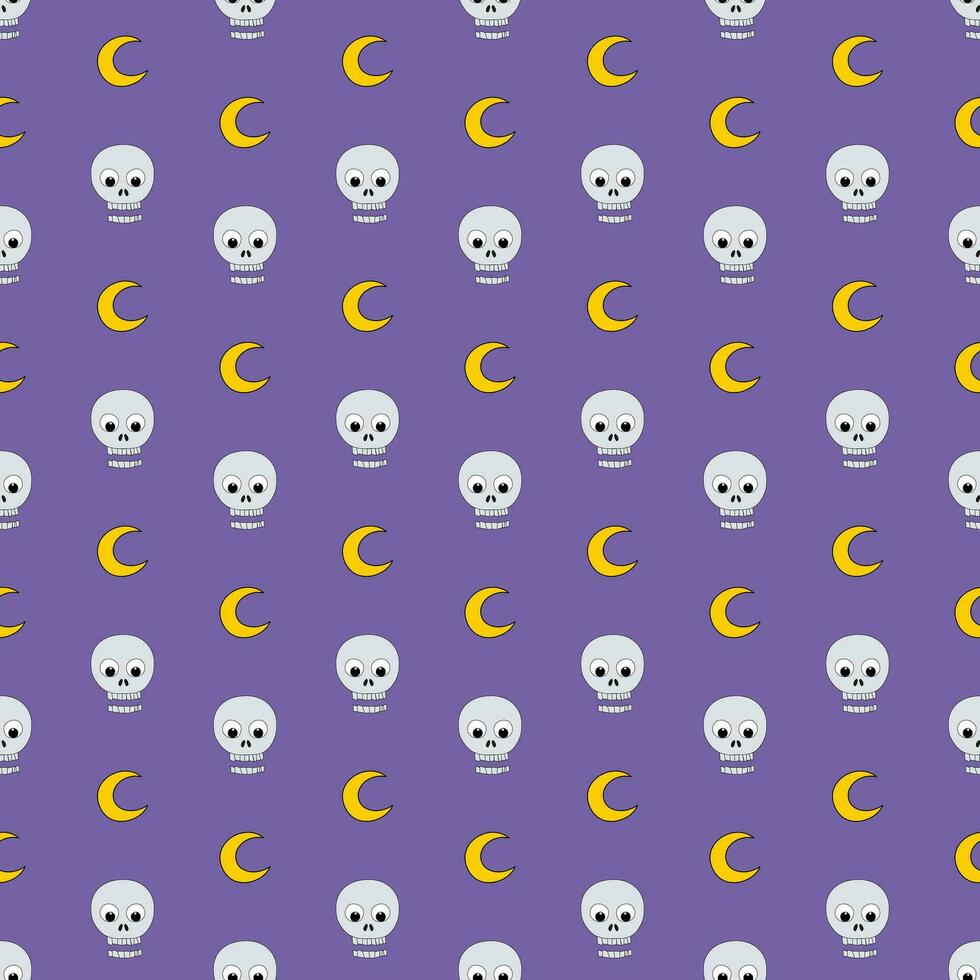 Seamless pattern of a shocked skull, and crescent in gray, and yellow on purple background, Vector for fabric, wrapping, wallpaper, textile
