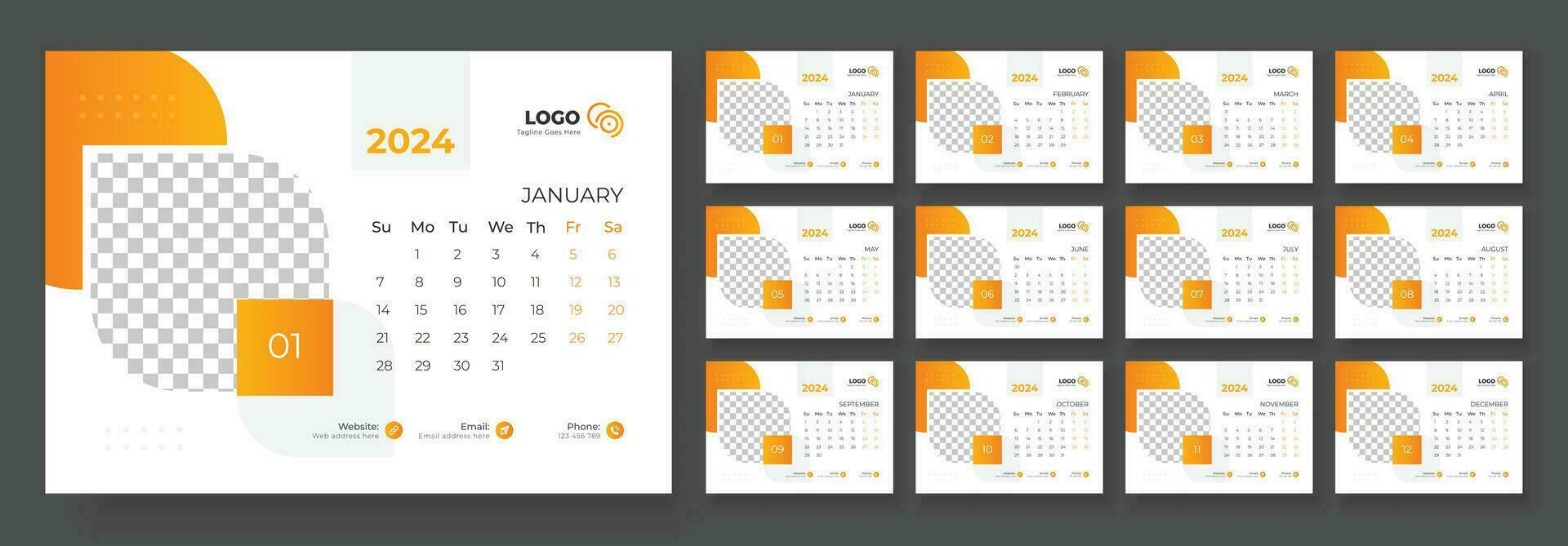 Desk Calendar Template 2024. Desk calendar in a minimalist style. Week Starts on Sunday. Planner for 2024 year. vector