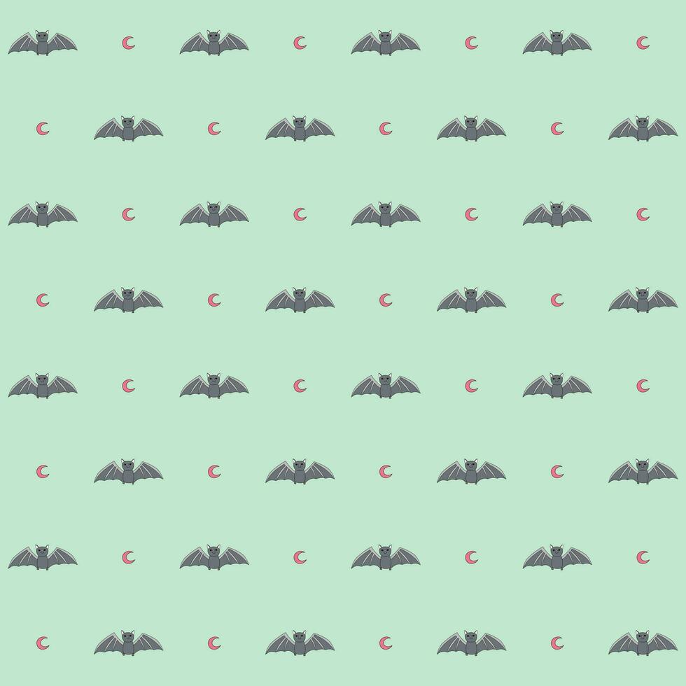 Seamless pattern of a bat, and crescent in pink, and gray on green background, Vector for fabric, wrapping, wallpaper, textile