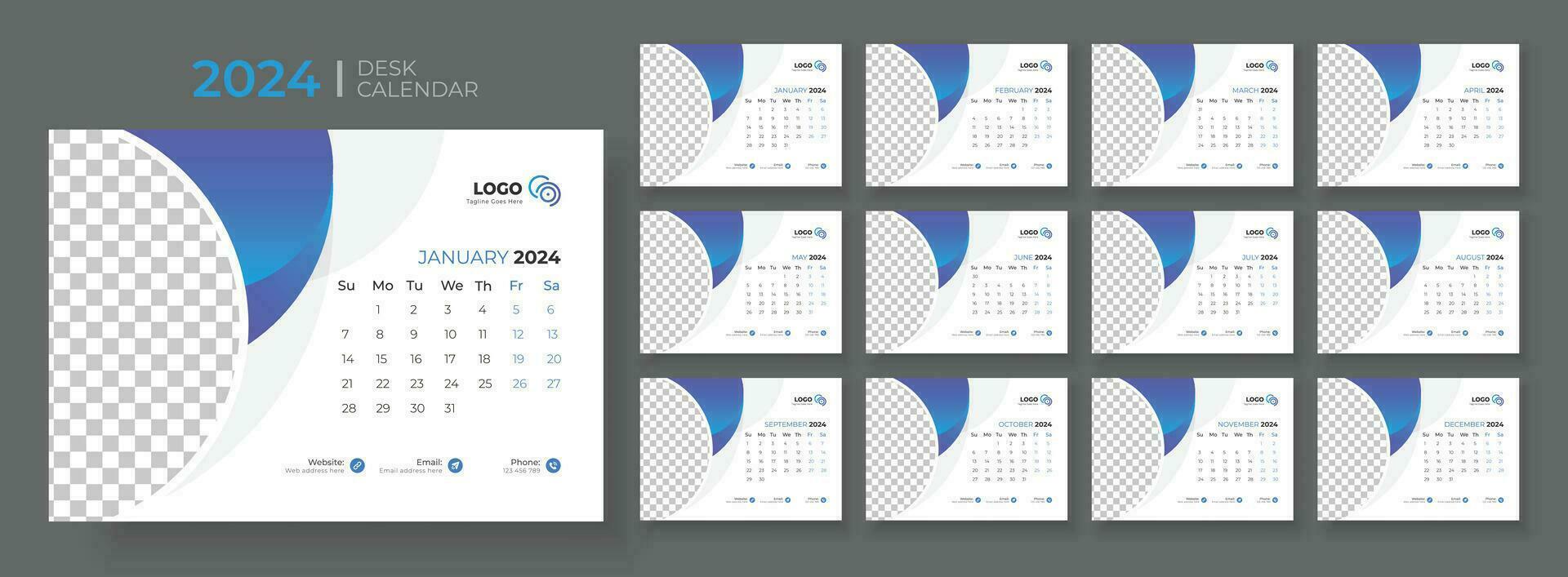 Desk Calendar Template 2024. Desk calendar in a minimalist style. Week Starts on Sunday. Planner for 2024 year. vector