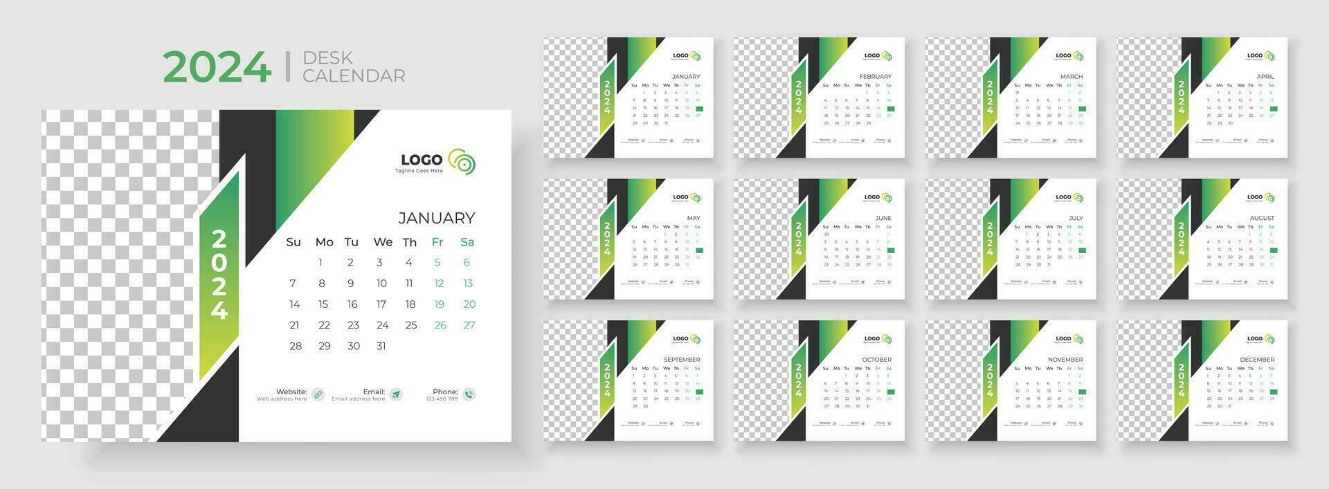 Desk Calendar Template 2024. Desk calendar in a minimalist style. Week Starts on Sunday. Planner for 2024 year. vector