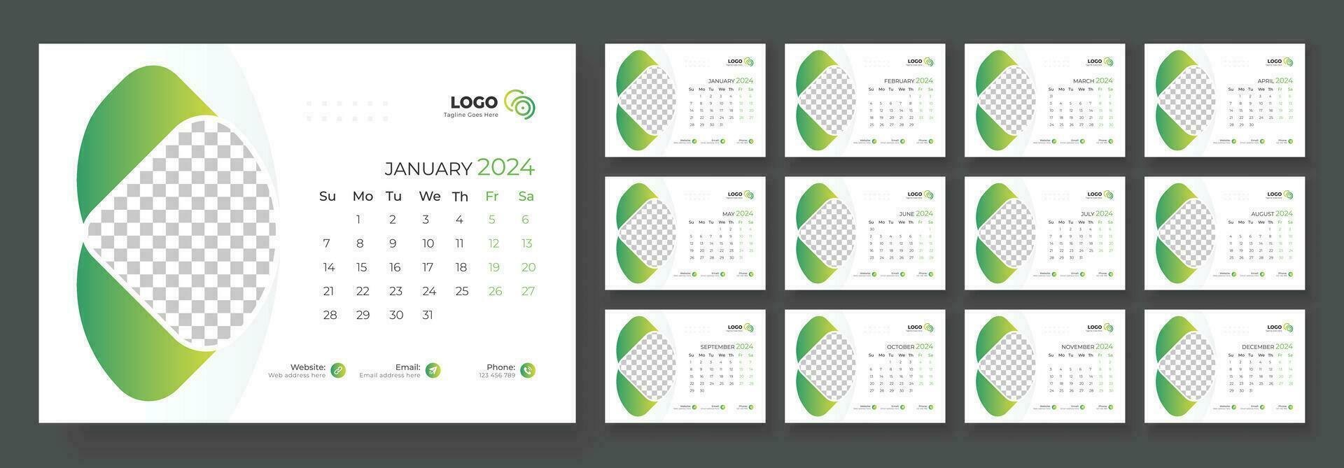 Desk Calendar Template 2024. Desk calendar in a minimalist style. Week Starts on Sunday. Calendar 2024 planner corporate template design. vector