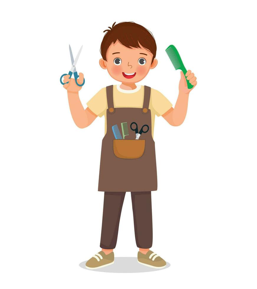 Cute little boy hairdresser holding comb and scissor vector