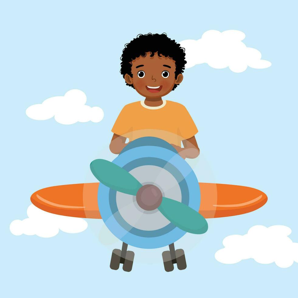 Cute little African girl flying an airplane waving hand in the blue sky vector