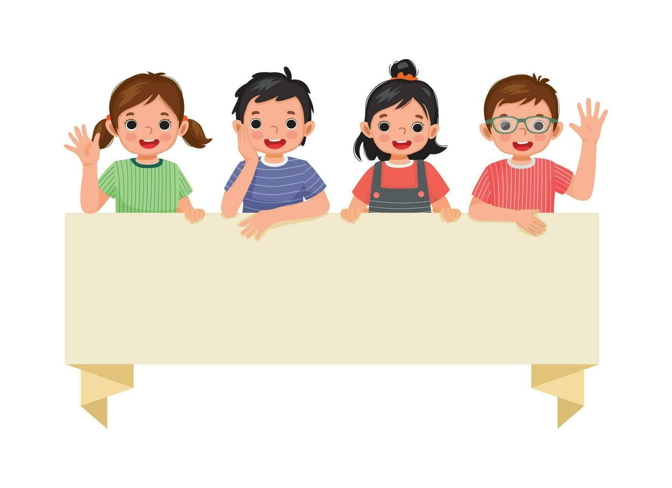 Happy children boys and girls standing behind blank banner board waving hands vector