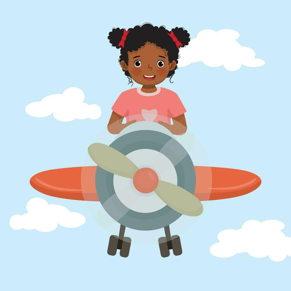 Cute little African girl flying an airplane in the blue sky vector