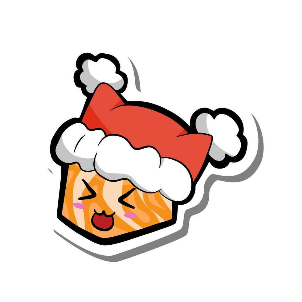 Cute cartoon salmon sushi smile with Christmas red hat on white silhouette and gray shadow. Vector illustration about holiday.