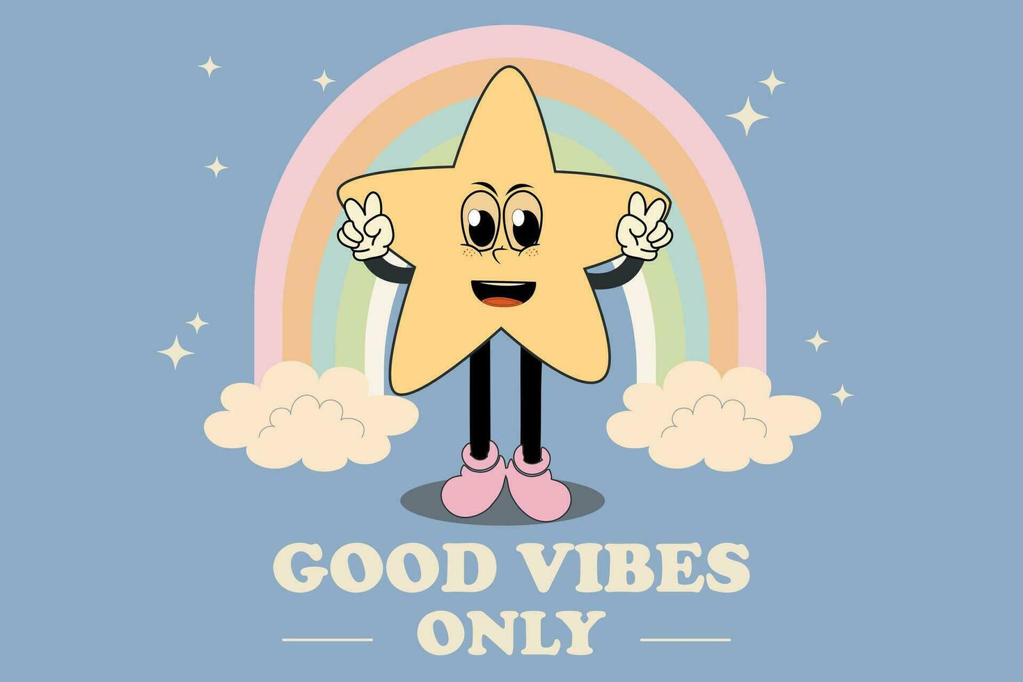 Groovy rainbow whith clouds, stars and Good Vibes slogan in doodle style. Isolated vector illustrstion in 1970 style for t-shirt, stickers, posters and postcards. Hippie Retro Character style.