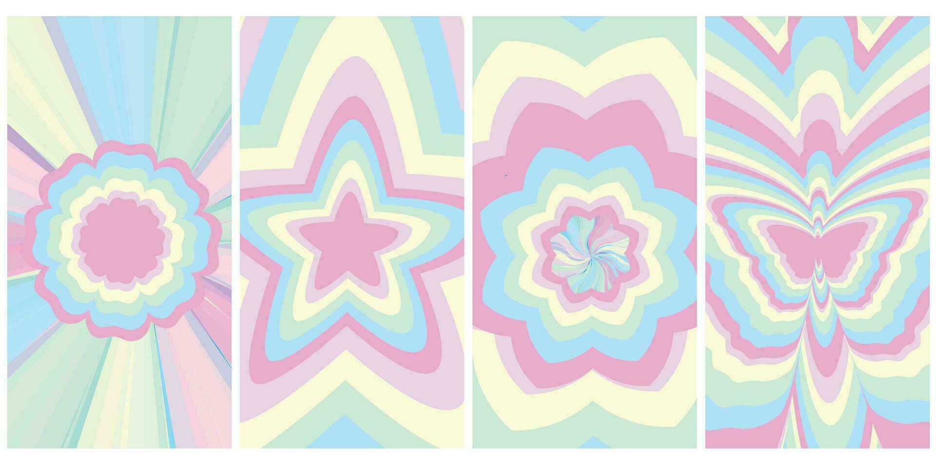 Set of groovy hippie 70s backgrounds. Y2k aesthetic rainbow, swirl, heart, star, butterfly. Trendy vector texture in retro psychedelic style.