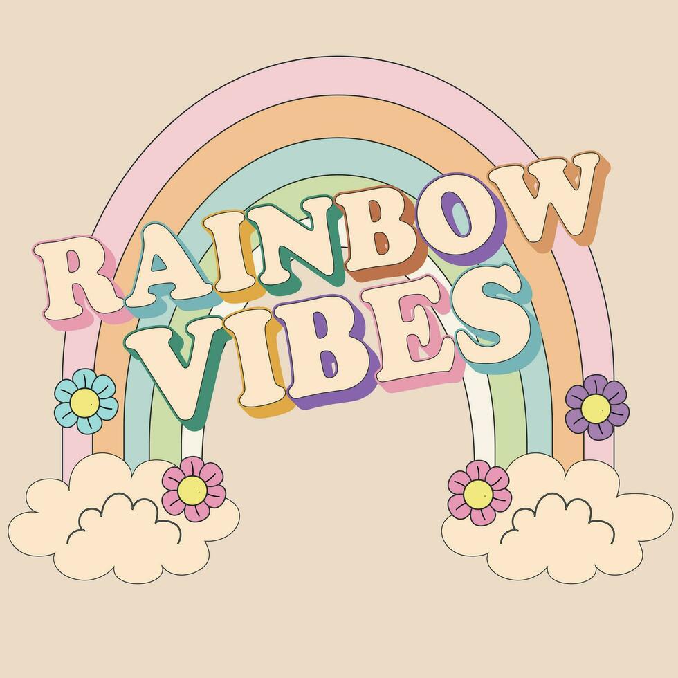 Groovy rainbow whith clouds, flowers and Rainbow Vibes slogan in doodle style. Isolated vector illustrstion in 1970 style for t-shirt, stickers, posters and postcards. Hippie Retro style