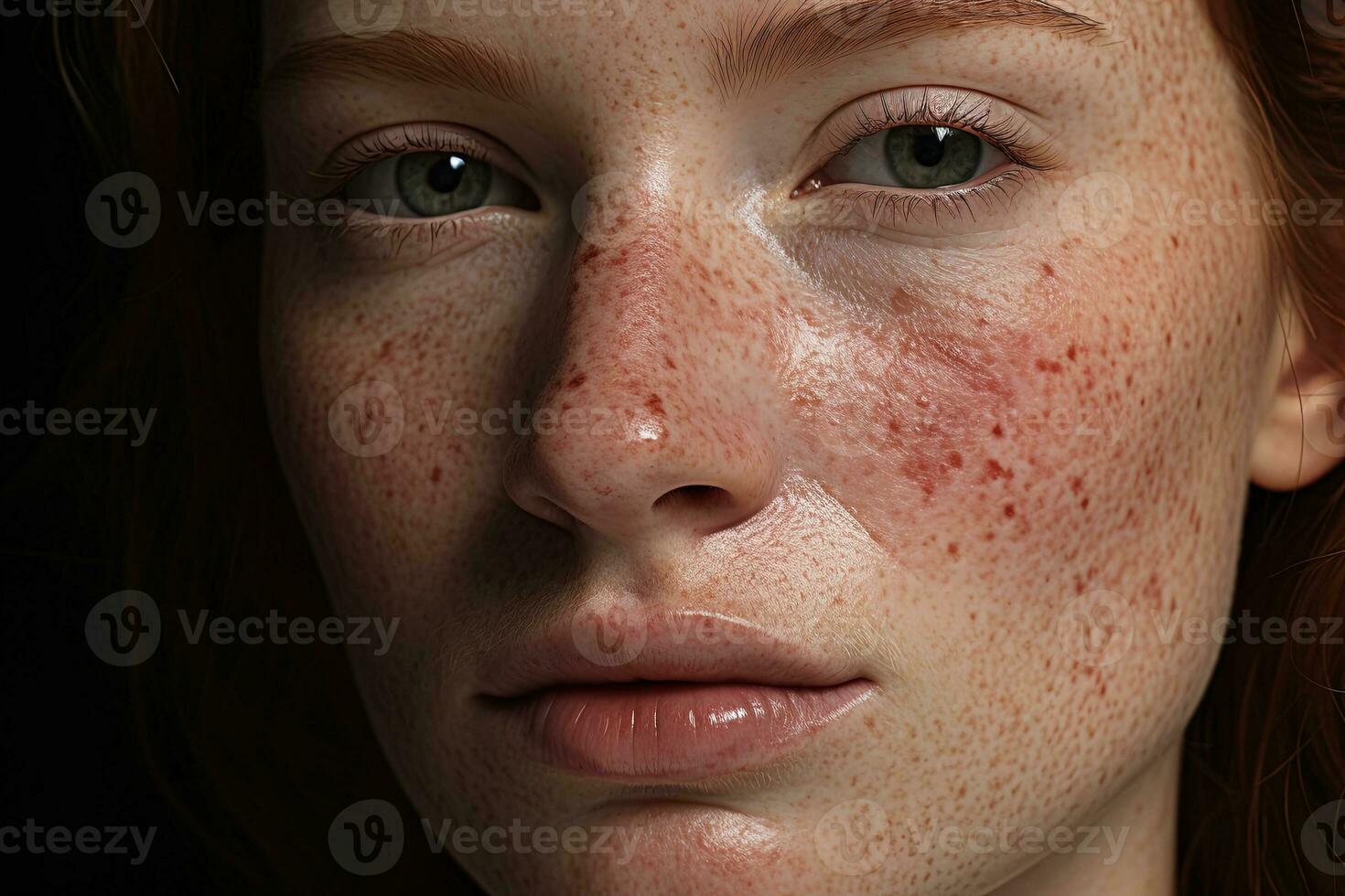 a close up of a woman with freckles AI generated photo