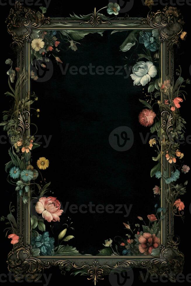 an old painting of flowers on a black background AI Generated photo