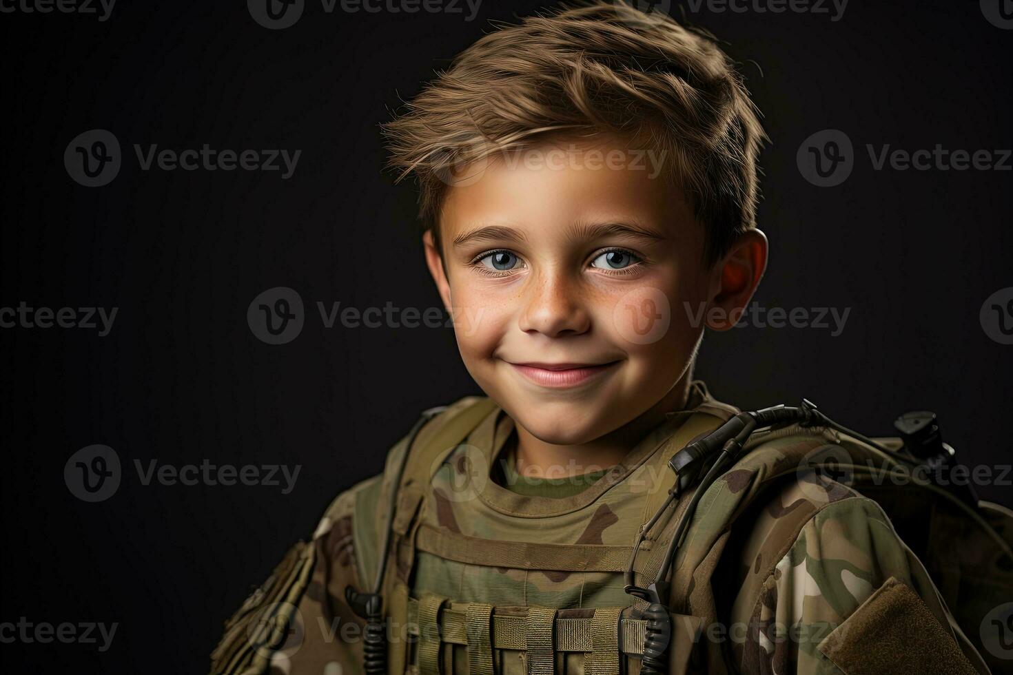 Portrait of a cute little boy in military uniform on dark background AI Generated photo