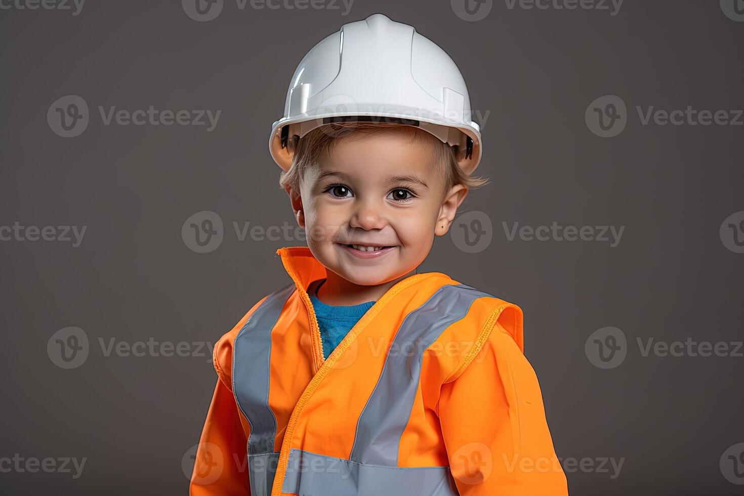 retrato de un linda pequeño chico en un construcción casco ai generado foto