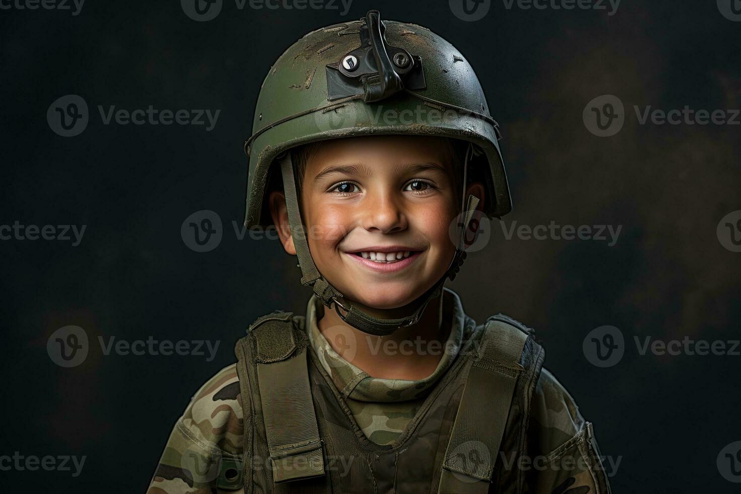 retrato de un linda pequeño chico en militar uniforme en oscuro antecedentes ai generado foto