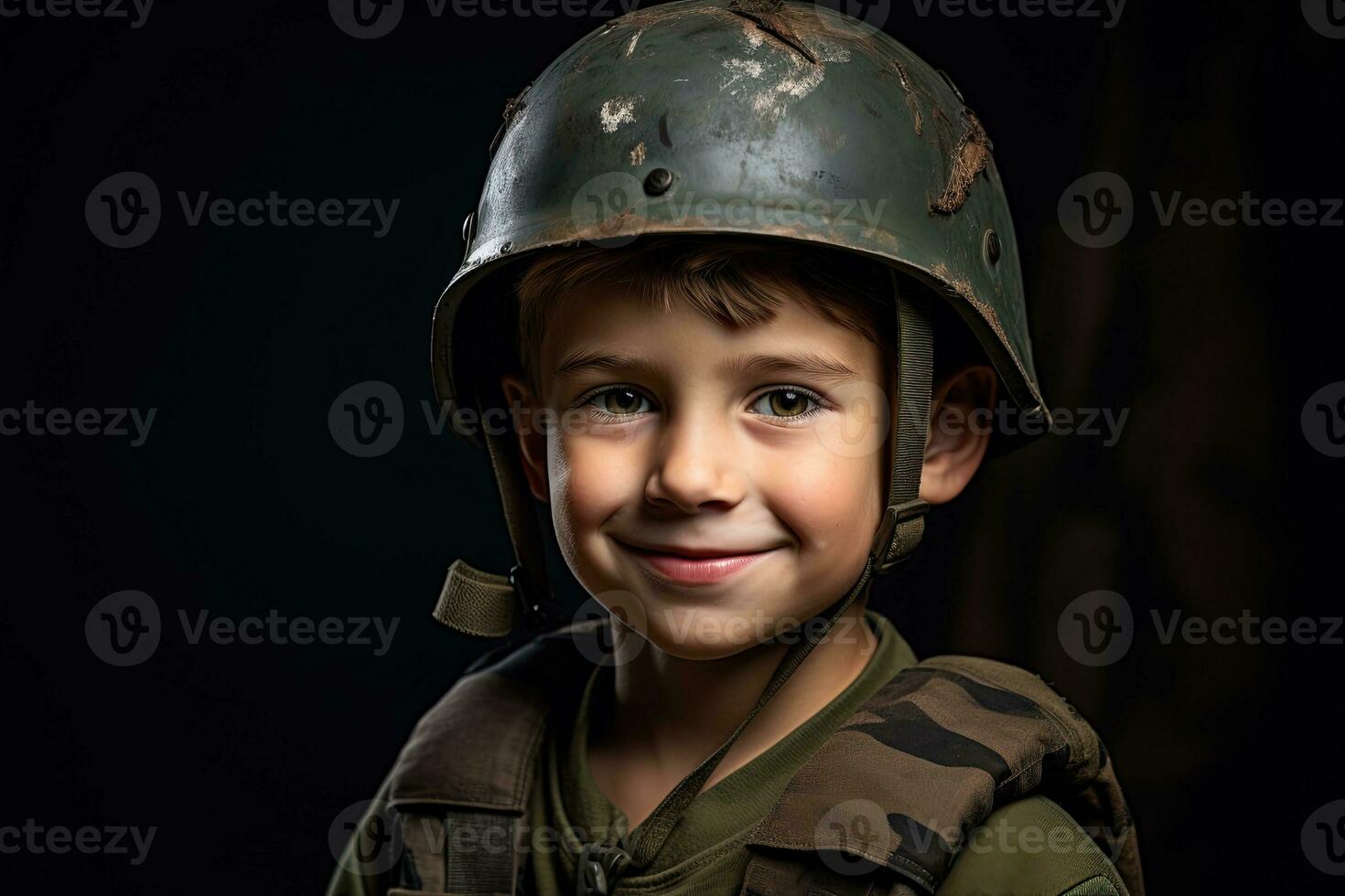Portrait of a cute little boy in military uniform on dark background AI Generated photo