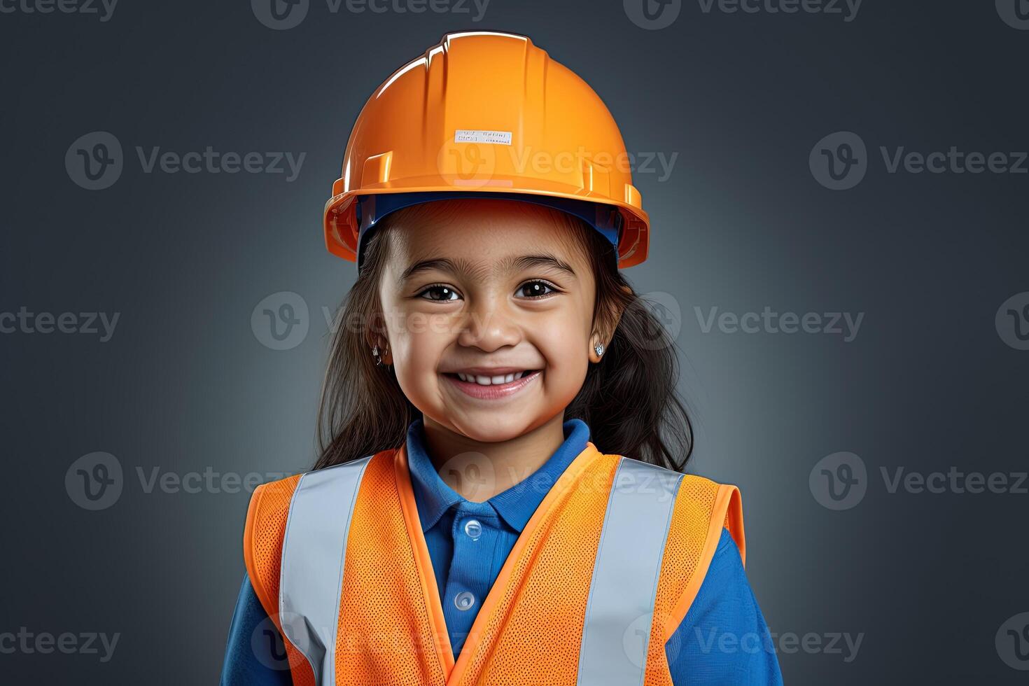 retrato de un sonriente pequeño niña en un construcción casco ai generado foto