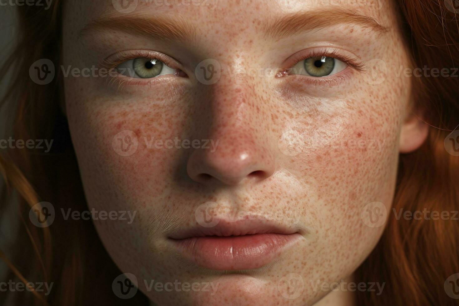 a close up of a woman with freckles AI generated photo