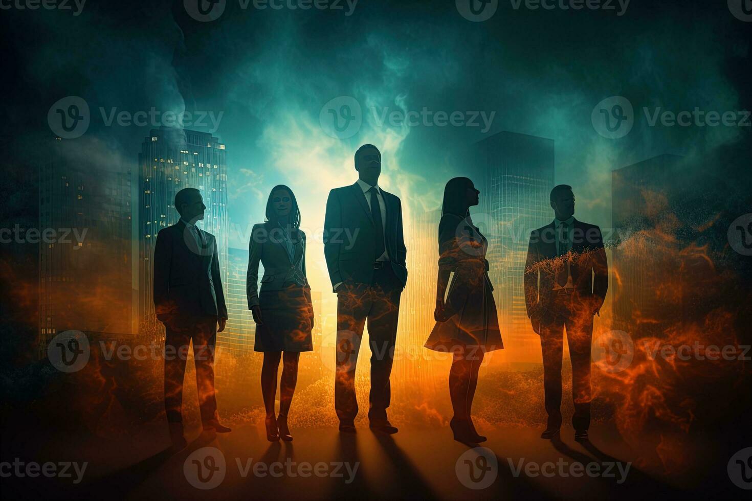 Silhouettes of business people standing in front of the city background AI Generated photo