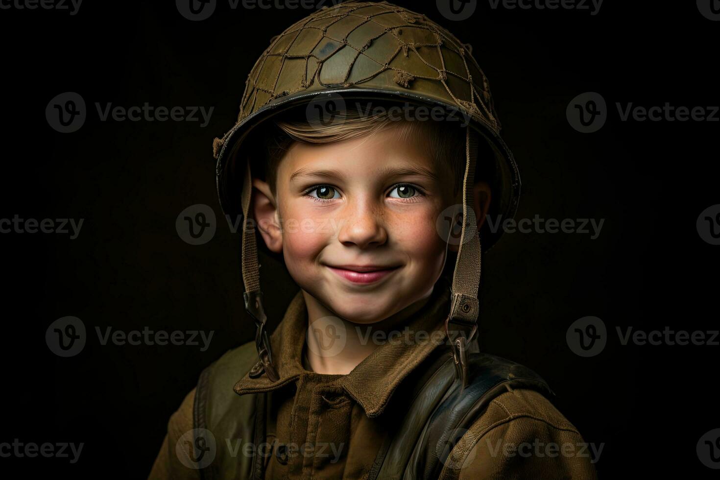 retrato de un linda pequeño chico en militar uniforme en oscuro antecedentes ai generado foto