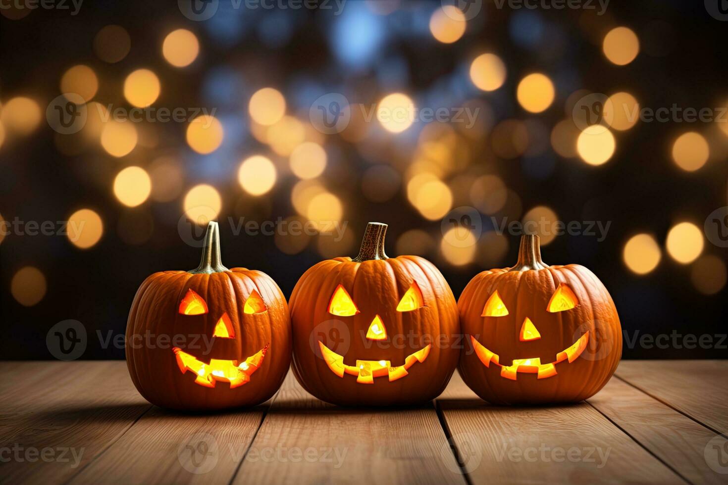 Halloween pumpkins on wooden table with bokeh lights background AI Generated photo