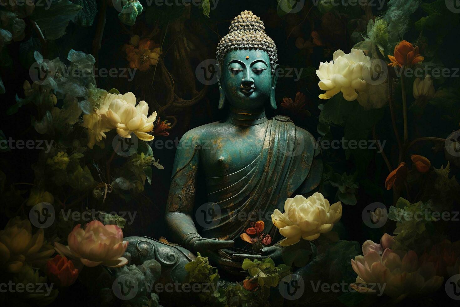 Buddha statue with lotus flower and green leaves background AI Generated photo